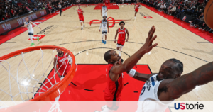 Kevin Durant handles the ball as Julius Randle defends during Rockets vs Timberwolves game