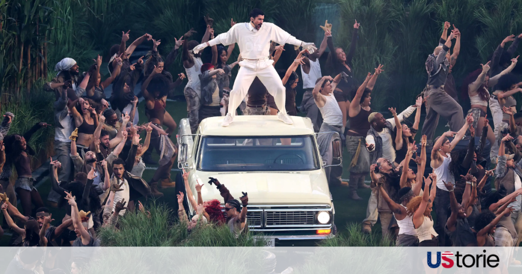 Bad Bunny performs during the Super Bowl halftime show celebrating Puerto Rican culture