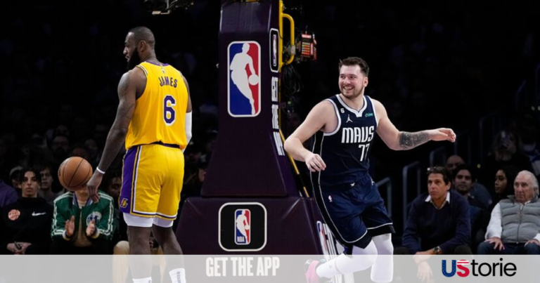 Close-up of LeBron James and Luka Doncic discussing a play during the final minutes of the Lakers vs. Magic game