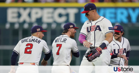 Aaron Judge celebrating his two-run home run against Mexico during the 2026 World Baseball Classic at Daikin Park in Houston
