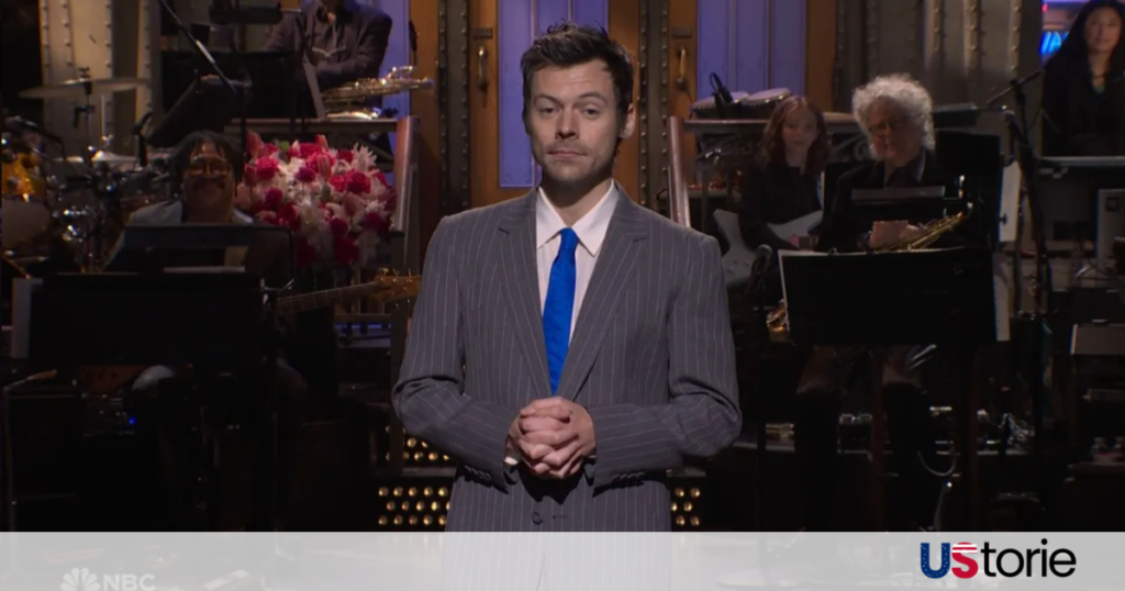 Harry Styles performing his opening monologue on Saturday Night Live in March 2026, moments before the viral kiss with Ben Marshall, hollywood news, trending news, breaking news