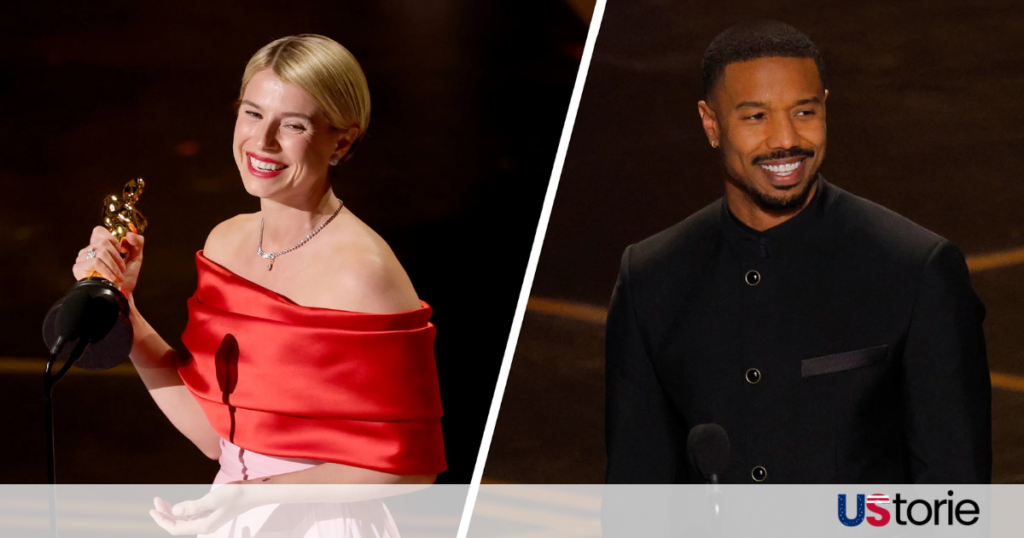 Michael B. Jordan and Jessie Buckley posing with their Academy Awards at the 98th Oscars in March 2026.
