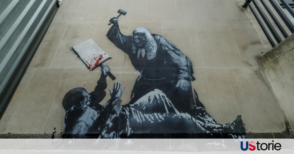 A classic Banksy stencil of a flower thrower on a brick wall, juxtaposed with blurred archival police documents from 2000.