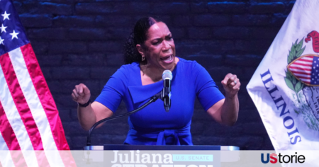Juliana Stratton giving a victory speech in Chicago after winning the 2026 Illinois Democratic Senate primary