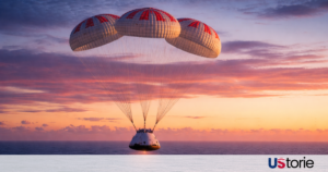 The Orion spacecraft Integrity floating in the Pacific Ocean after its successful splashdown, surrounded by Navy recovery teams