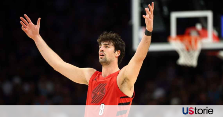 Deni Avdija of Portland Trail Blazers celebrating after a scoring run against Phoenix Suns.