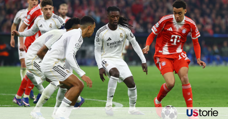 Bayern Munich players celebrating after a 4-3 victory against Real Madrid at the Allianz Arena in the Champions League
