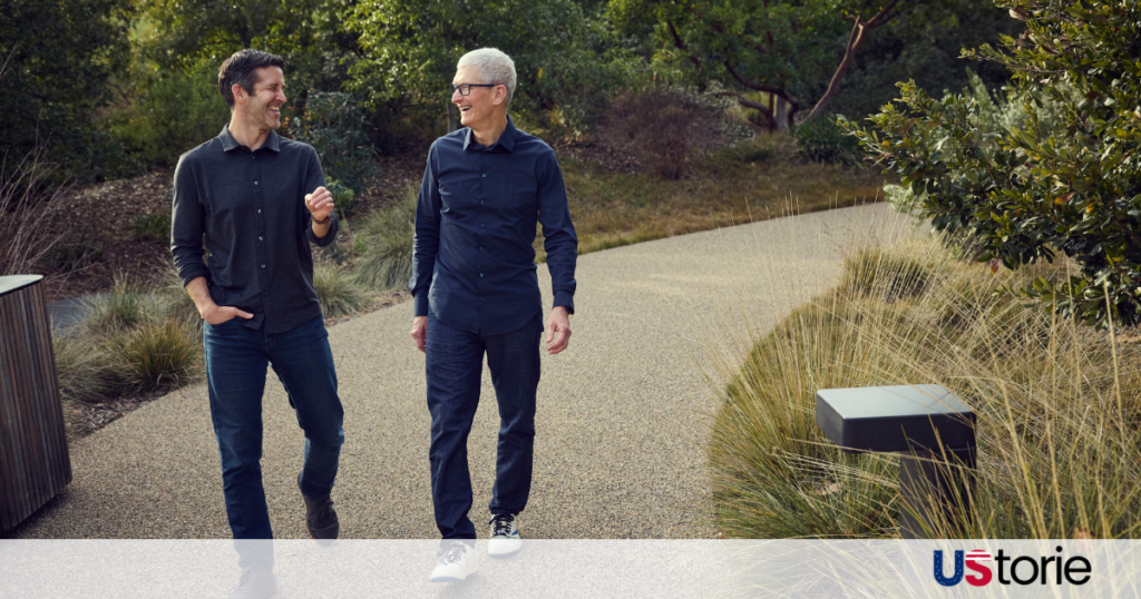 A professional visual representing the leadership transition at Apple Park between Tim Cook and John Ternus.