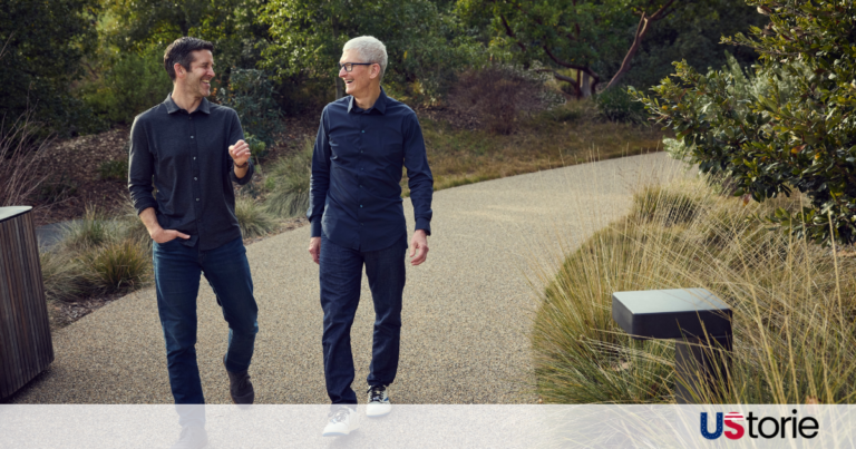 A professional visual representing the leadership transition at Apple Park between Tim Cook and John Ternus.