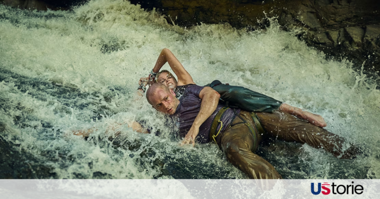 Charlize Theron scaling a cliff in the Australian bush; Taron Egerton in a menacing pose in Apex (2026)