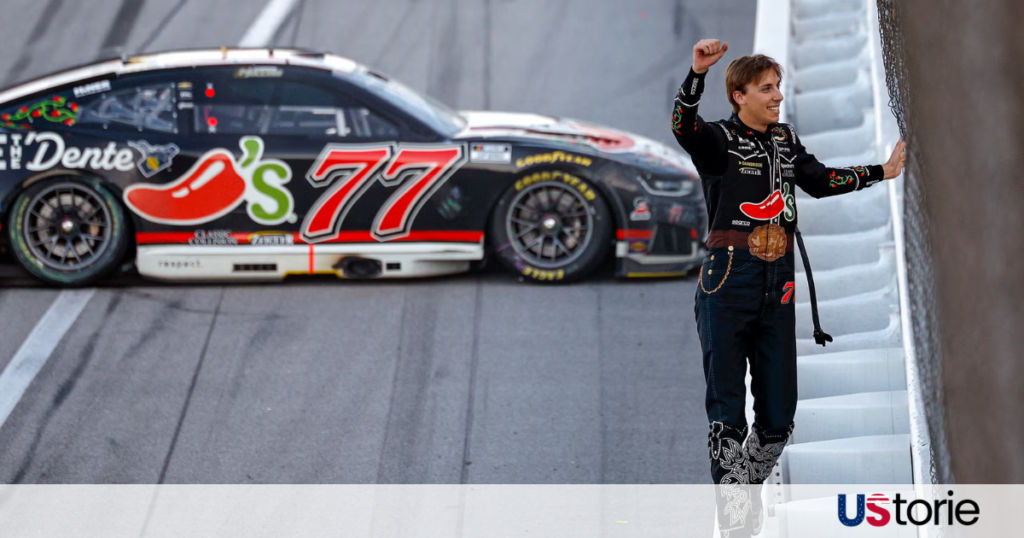 Carson Hocevar celebrating in victory lane at Talladega; Chase Elliott's No. 9 car racing in the pack at the Jack Link’s 500.