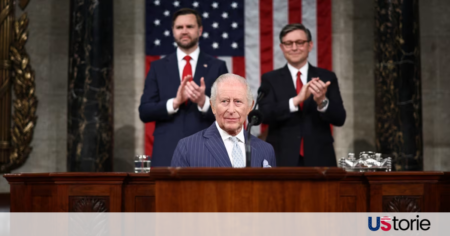 King Charles III speaking at a podium in Washington D.C.; President Trump and King Charles at a formal dinner; The British Royal seal.