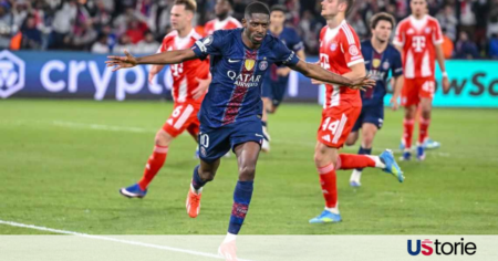 Kylian Mbappé celebrating a goal against Bayern Munich; Harry Kane looking dejected at Parc des Princes; PSG fans celebrating the 5-4 victory