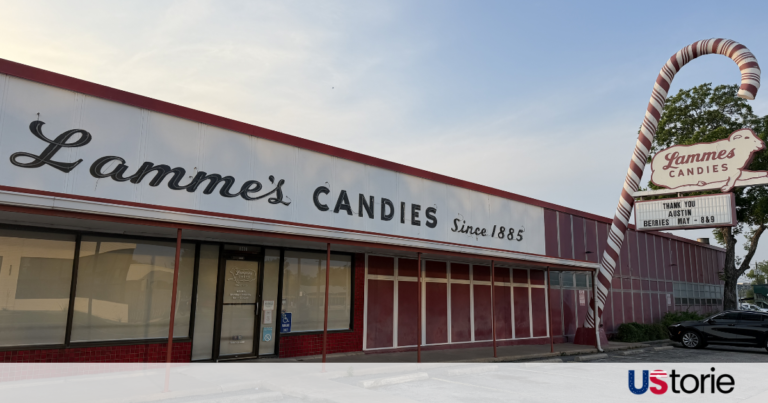The iconic neon sign of Lammes Candies in Austin, Texas; A box of famous Lammes Texas Chewie Pralines