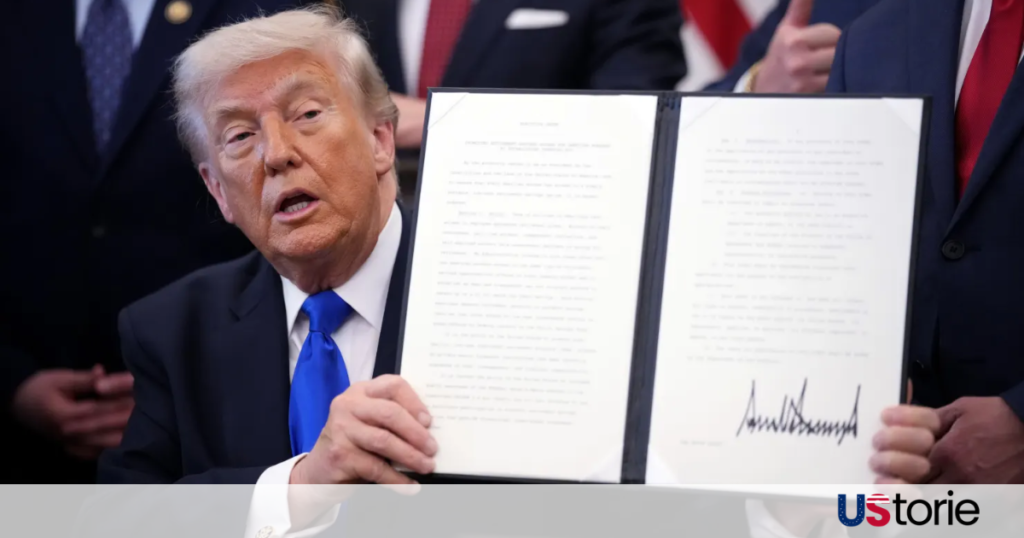 President Trump signing a financial executive order; A close-up of a retirement savings portfolio; Small business owners discussing employee benefits.