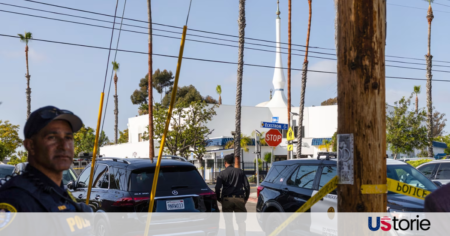 Police vehicles surrounding the Islamic Center of San Diego; Community members comforting each other near the scene; Law enforcement conducting a press conference.