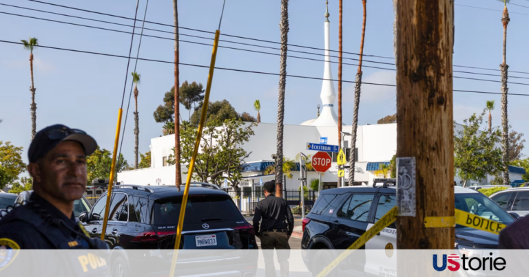 Suicide Note and Weapon Inscriptions Reveal Dark Motives Behind San Diego Mosque Shooting Police vehicles surrounding the Islamic Center of San Diego; Community members comforting each other near the scene; Law enforcement conducting a press conference.