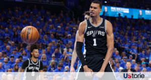 Victor Wembanyama flexing after a thunderous dunk in double overtime; Chet Holmgren contesting a shot against Wembanyama; Gregg Popovich coaching the Spurs during the 2026 Western Conference Finals.