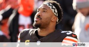 Myles Garrett in an LA Rams jersey rushing the quarterback; Jared Verse celebrating a sack; Cleveland Browns front office executives during a press conference.