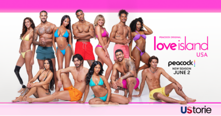 Host Ariana Madix welcoming the original Islanders at the villa pool; Love Island USA Season 8 contestants react to a surprise bombshell text.