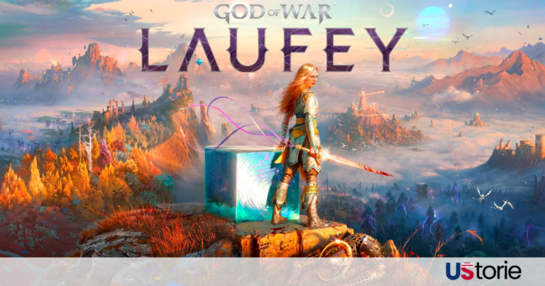Promotional cinematic art of Laufey the Just wielding a legendary sword in the glowing cosmic realm of the Everywhen.